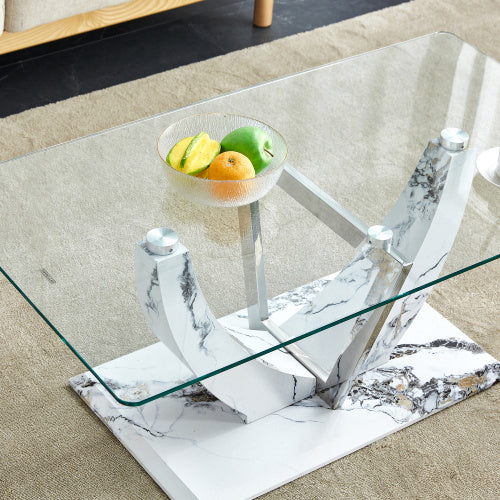 Modern Minimalist Transparent Tempered Glass Coffee Table With Marble Patterned MDF Legs And Stainless Steel Decorative Columns. Computer Desk. Game Table. CT-907