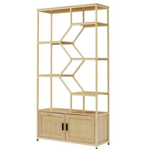 Bookshelves In Rattan, 7-tier Bookcase Storage Shelves For Living Room, Home Office, Natural Color