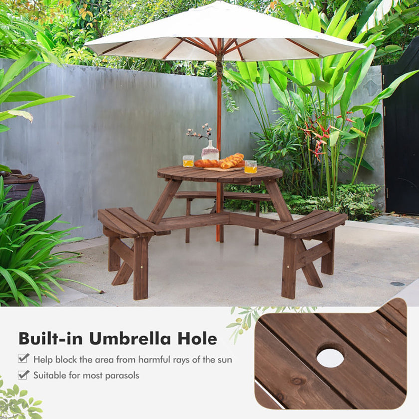 6 Person Wooden Picnic Table Set With Bench And Umbrella Hold
