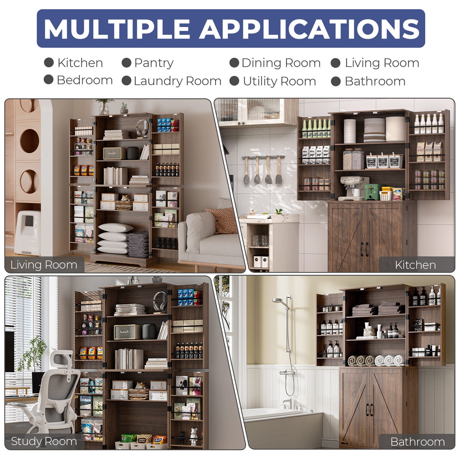 Tall Wooden Storage Cabinet With 4 Barn Doors, Adjustable Shelves And 12 Door Shelves 5-Tier Kitchen Pantry Storage Cabinet