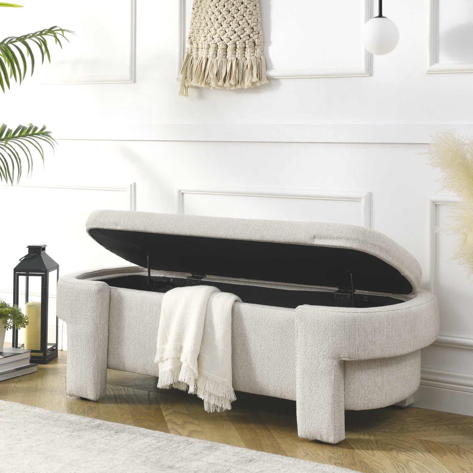 Linen Fabric Bench With Large Storage For Living Room, Entryway, Bedroom