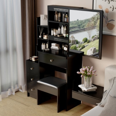 29.2 Small Space Left Bedside Cabinet Vanity Table  Cushioned Stool, Extra Large Right Sliding Mirror, Multi Layer High Capacity Storage, Practical Fashionable Dresser, Suitable For Small Space