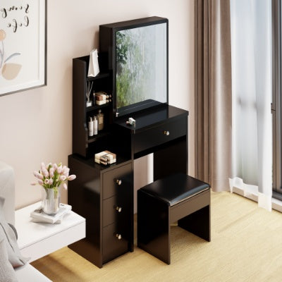 29.2 Small Space Left Bedside Cabinet Vanity Table  Cushioned Stool, Extra Large Right Sliding Mirror, Multi Layer High Capacity Storage, Practical Fashionable Dresser, Suitable For Small Space
