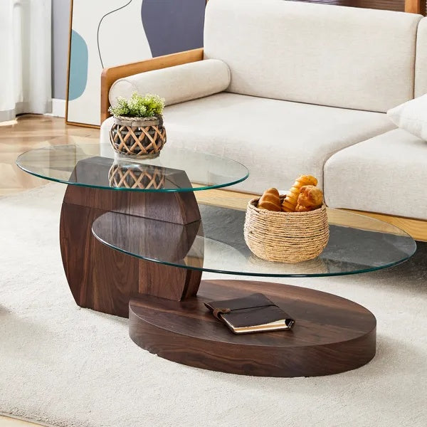 Modern Walnut Grain Double Layer Coffee Table - Versatile Design, Multiple Colors Available.Density Board Sticker,Reinforced Glass,Oval Countertop.