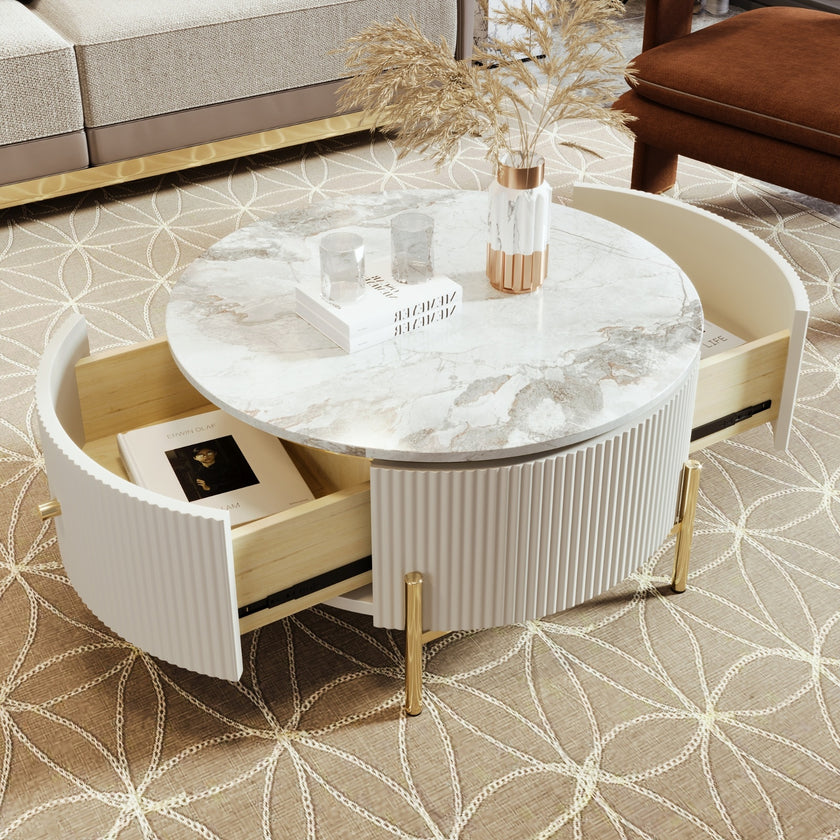 Modern Round Coffee Table With 2 Large Drawers Storage Accent Table  31.5