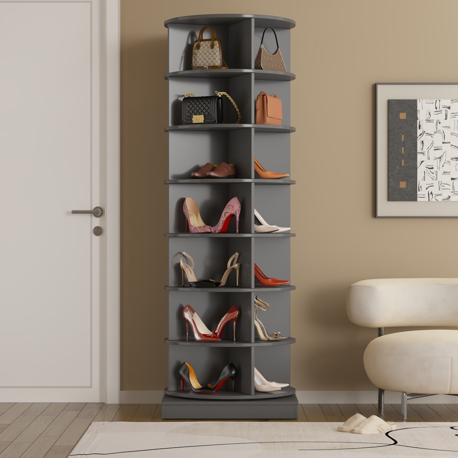 New 360 Gray Rotating Shoe Cabinet With 7 Layers Can Accommodate Up To 28 Paris Shoes
