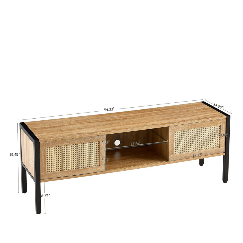 54.33  Rattan TV Cabinet With Color Light Strip   Double Sliding Doors
