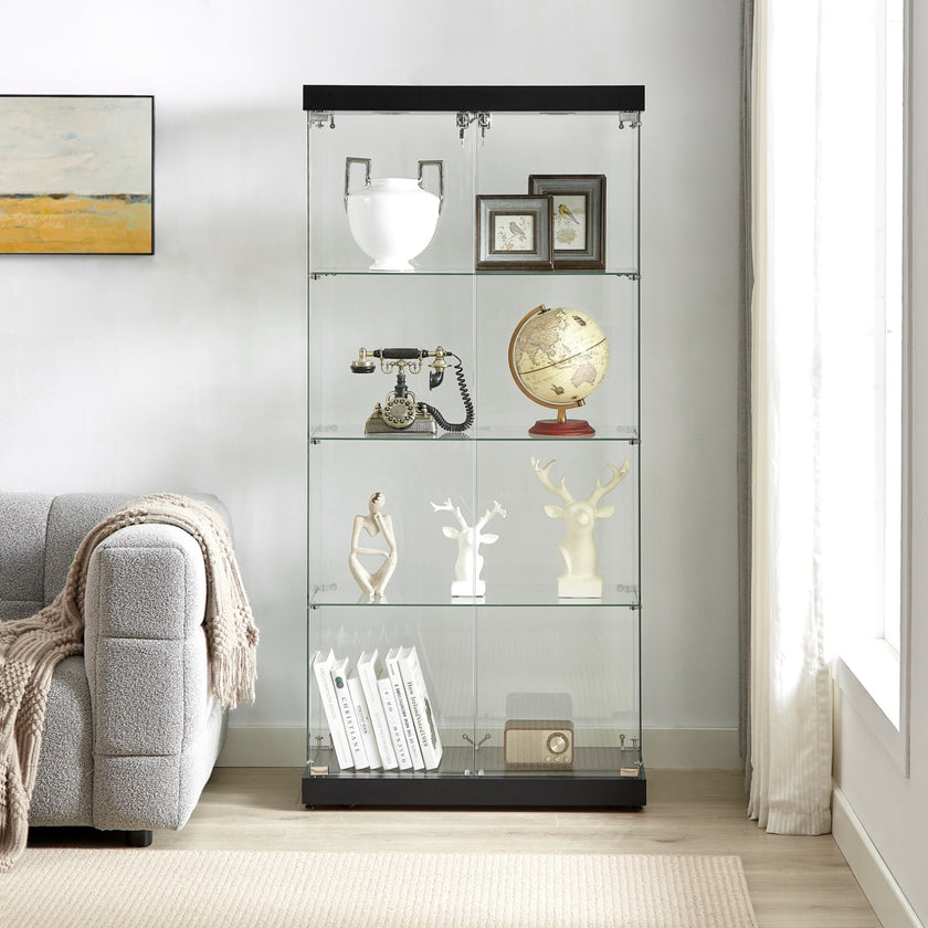 4-Tier Glass Display Cabinet, Double Door Glass Cabinet, Four Partitions, Two Locks, Floor Standing