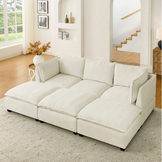 Comfy Cloud Couch Sectional 3 Seat Sofa With 2 Ottoman, Chenille Sofa Sleeper Deep Seat Sofa With Throw Pillows For Living Room Beige White