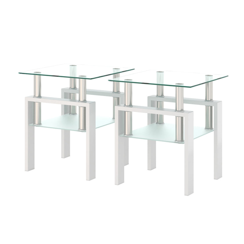 2-Pc Modern Tempered Glass Coffee Tea End Tables For Living Room