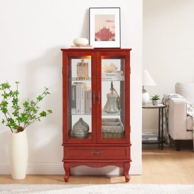 Lighted Glass Cabinet Glass Wine Cabinet Curio Display Cabinet With Adjustable Glass Shelves 2 Doors And 1 Drawer Cabinet Bulb Included OAK