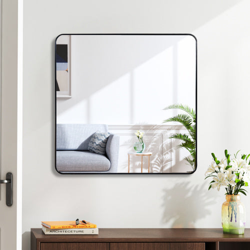 30 In X 30 In Black Metal Framed Square Bathrrom Mirror For Wall.