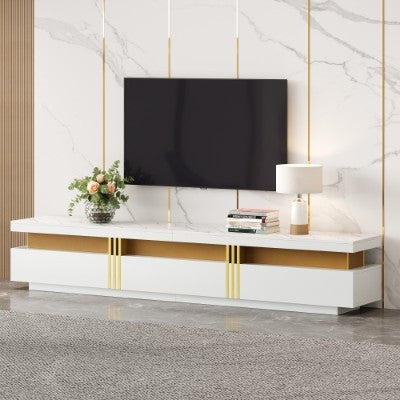 Luxury TV Stand With Faux Marble Top, TV Cabinet Golden Panel Design, And 3 Drawers For Televisions Up To 89'', Rectangle Media Console, Practical Entertainment Center For Living Room, White