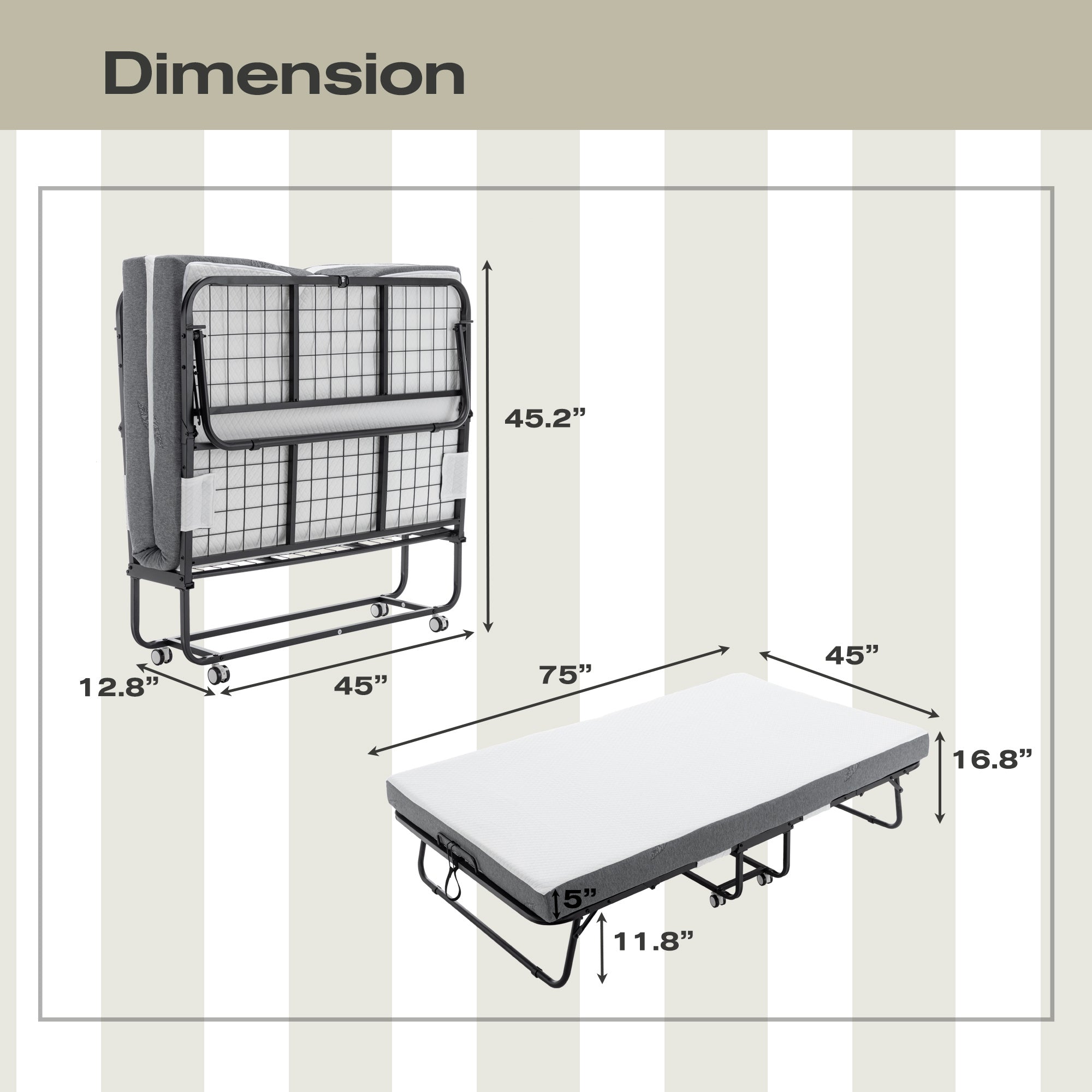Folding Bed Cot With Mattress For Adults,  Foldable Metal Frame Bed For Guest With Memory Foam Mattress On Wheels, Saving Space Rollaway Bed
