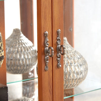 Lighted Glass Cabinet Glass Wine Cabinet Curio Display Cabinet With Adjustable Glass Shelves 2 Doors And 1 Drawer Cabinet Bulb Included OAK