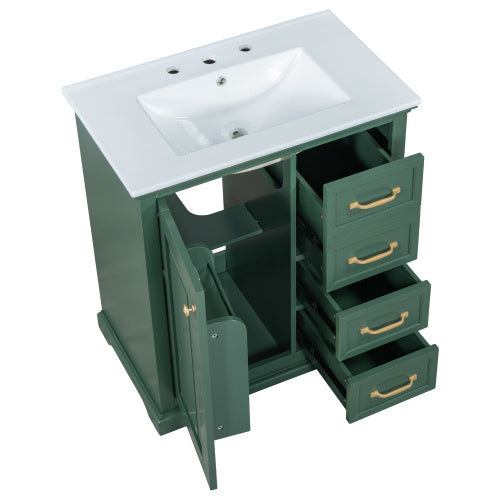 30 Bathroom Vanity With Sink, One Package, Green Bathroom Cabinet With Drawers, Solid Frame And MDF Board