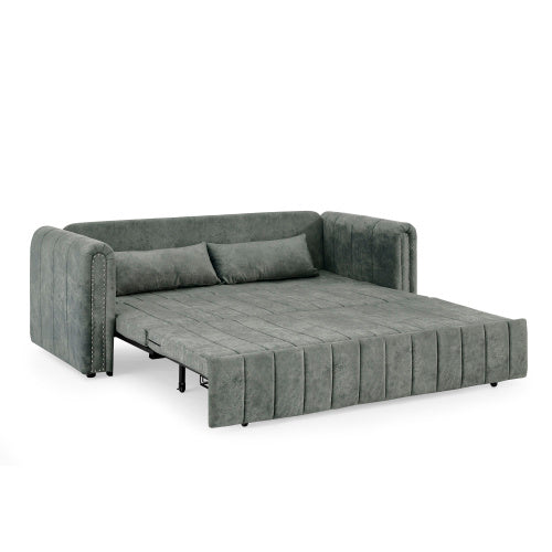 3 In 1 Pull-Out Bed Sleeper, Modern Upholstered 3 Seats Lounge Sofa & Couches With Rolled Arms Decorated With Copper Nails , Convertible Futon 3 Seats Sofabed With Two Drawers And Two Pillows