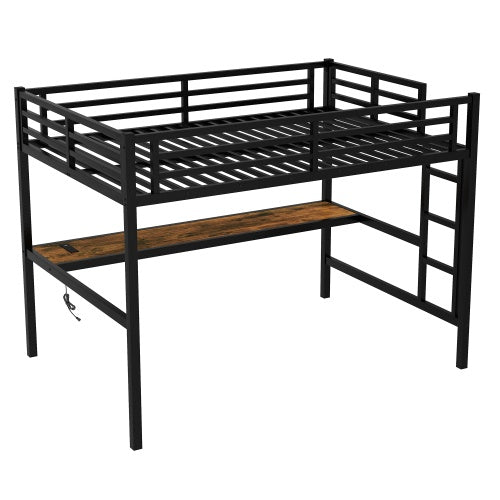 Metal Full XL Size Loft Bed With Power Outlet And LED Lighted, Space-Saving, Noise Reduced, Black