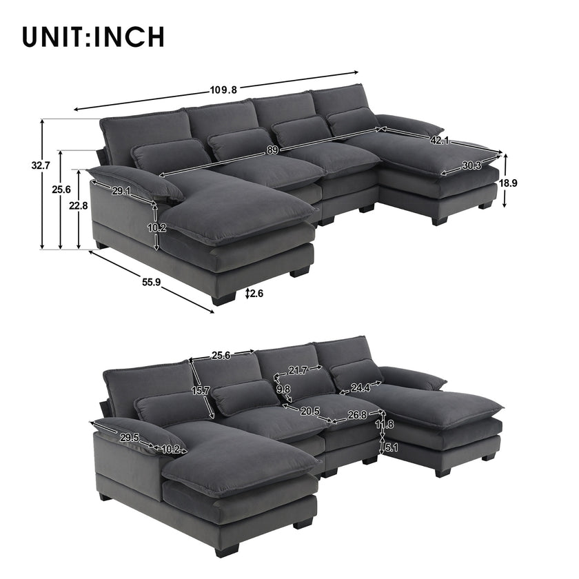New Modern U-shaped Sectional Sofa, 6-Seat With Waist Pillows 109.8 55.9