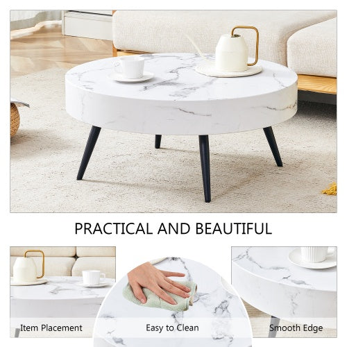 31.5 White Marble-Patterned MDF Round Coffee Table With Black Metal Legs.Adjustable Feet,Coffee Table,Round Table Design,MDF Material,White Marble Pattern