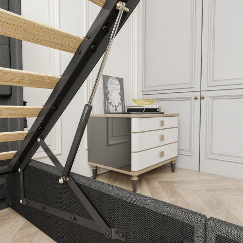 Queen Size Bed Frame With Storage - Lift Up Storage Bed With Modern Wingback Headboard, USB Ports