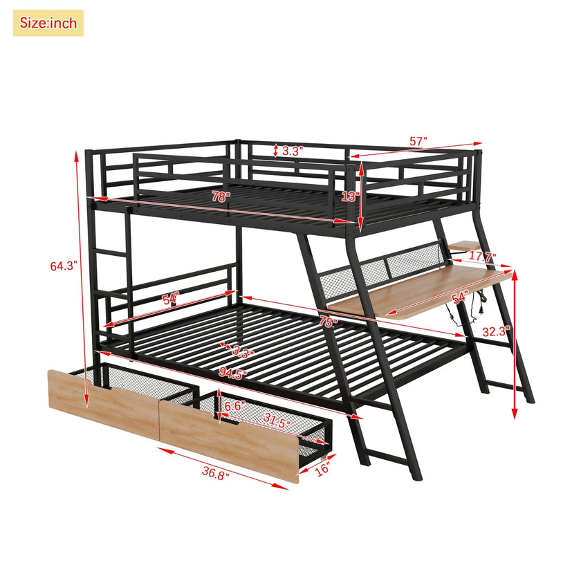 Full Size Metal Bunk Bed With Built-in Desk, Light And 2 Drawers, Black