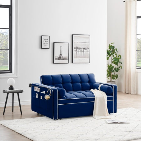 Leeper Sofa Couch W Pull Out Bed, 55 Modern Velvet Convertible Sleeper Sofa Bed, Small Love Seat Sofa Bed W Pillows  Side Pockets For Small Space, Living Room, Apartment,Blue