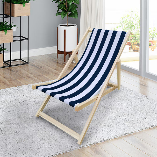 Populus Wood Sling Chair Blue Stripe Broad Blue Stripe  Dark Blue Folding Chaise Lounge Chair