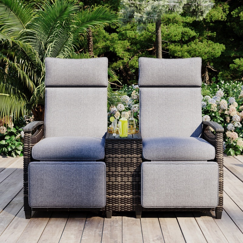 Terrace Lounge Chair Double Sofa, Adjustable Backrest Willow Outdoor Leisure Chair Set, Equipped With Acacia Wood Armrests And Built-in Storage Table, Gray, Prohibited Platform Temu