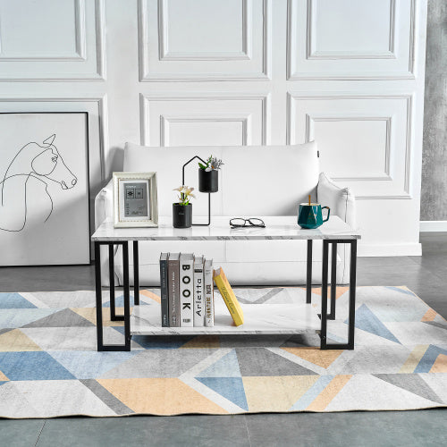 D&N Coffee Table, 2 Layers 1.5cm Thick Marble MDF Rectangle 39.37 L Tabletop Iron Coffee Table , Dining Room, Coffee Shop, Resterant, White Top, Black Leg