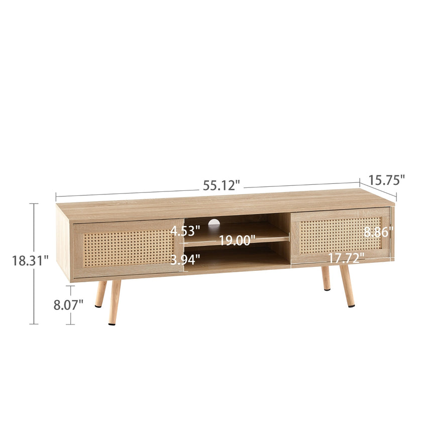 55.12  Rattan TV Cabinet With Sliding Doors  Adjustable Shelf   Solid Wood Legs