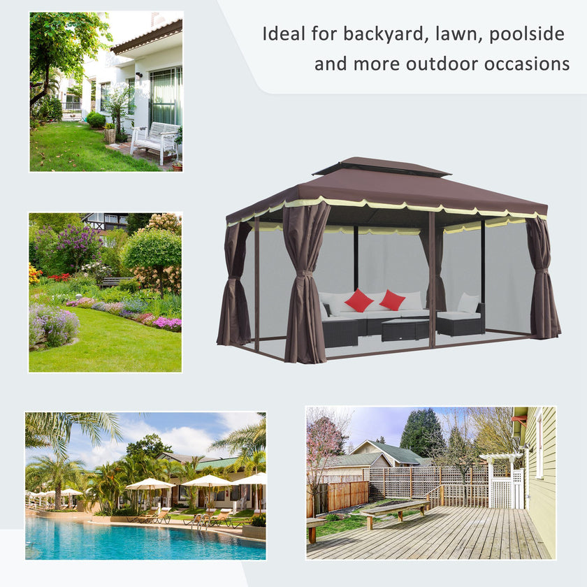 10x13 Aluminum Gazebo Patio Canopy  Outdoor Shelter With Double Roof, Netting & Curtains