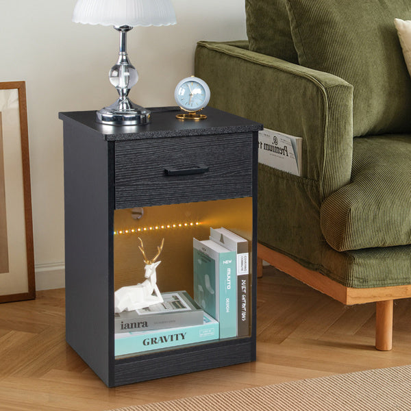 Black Single Drawer Bedside Table With Socket And LED Light