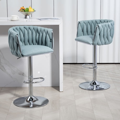 360 Fabric Cover Swivel Bar Stools Set Of 2, Adjustable Counter Height Bar Chairs With Woven Back & Footrest, Silver Chromed Bar Stools For Kitchen Island, Cafe, Pub
