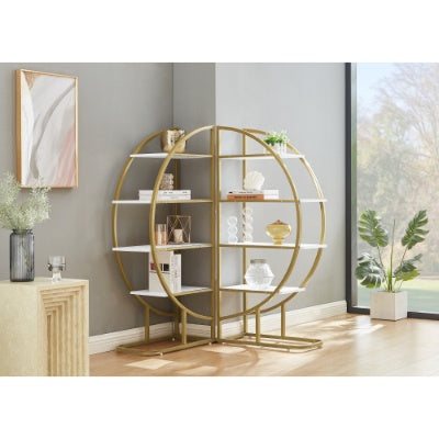 4 Tiers Home Office Open Bookshelf, Round Shape, Different Placement Ways, MDF Board, Gold Metal Frame, Golden