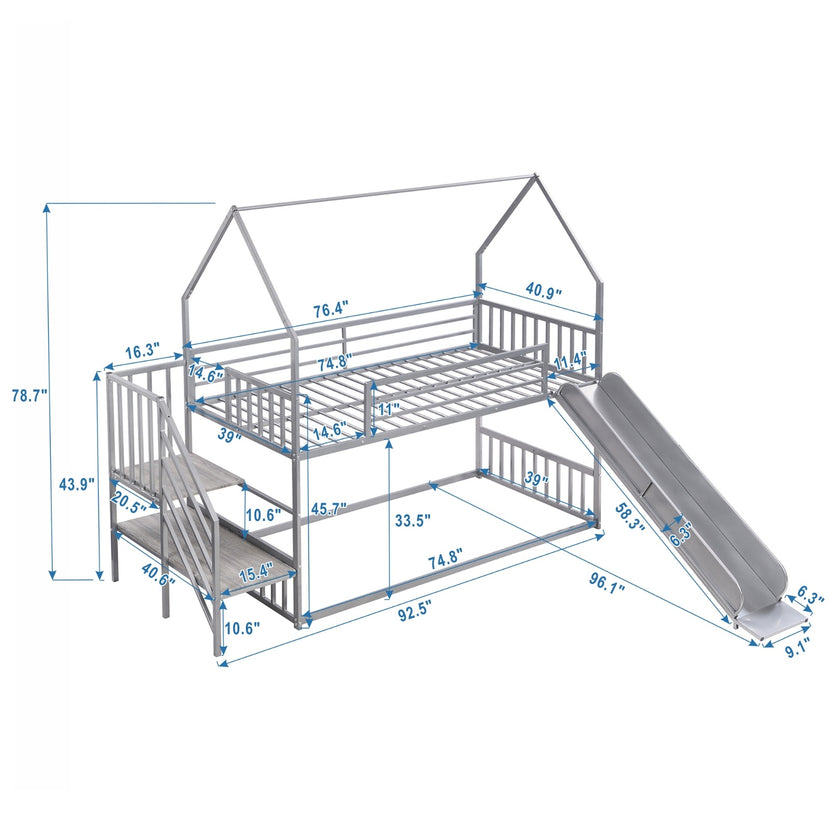 Twin Over Twin Metal Bunk Bed House Bed With Slide And Staircase, Silver