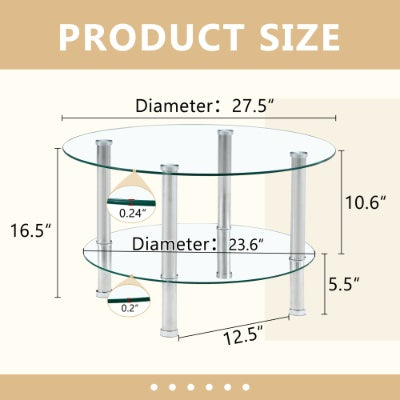 Contemporary Minimalist Double Layer Tempered Glass Coffee Table  27.5 Top And 23.6 Bottom.Reinforced Glass Tabletop,Stainless Steel Silver Plated Legs