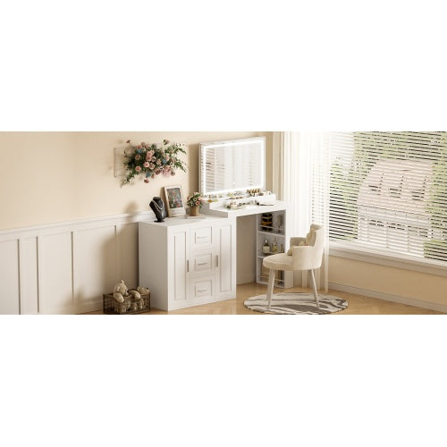 59Makeup Vanity Desk With Mirror, Vanity Mirror With Lights, Dressing Table With 3 Drawers And 2 Cabinets, Vanity Table With Storage Shelves For Bedroom, White