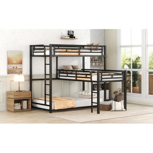 L-shaped Metal Triple Twin Size Bunk Bed, Black
