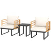 3 Piece Metal Bistro Set, Small Patio Furniture Set With Cushions, Armchairs, Slatted Table For Backyard Balcony, Beige
