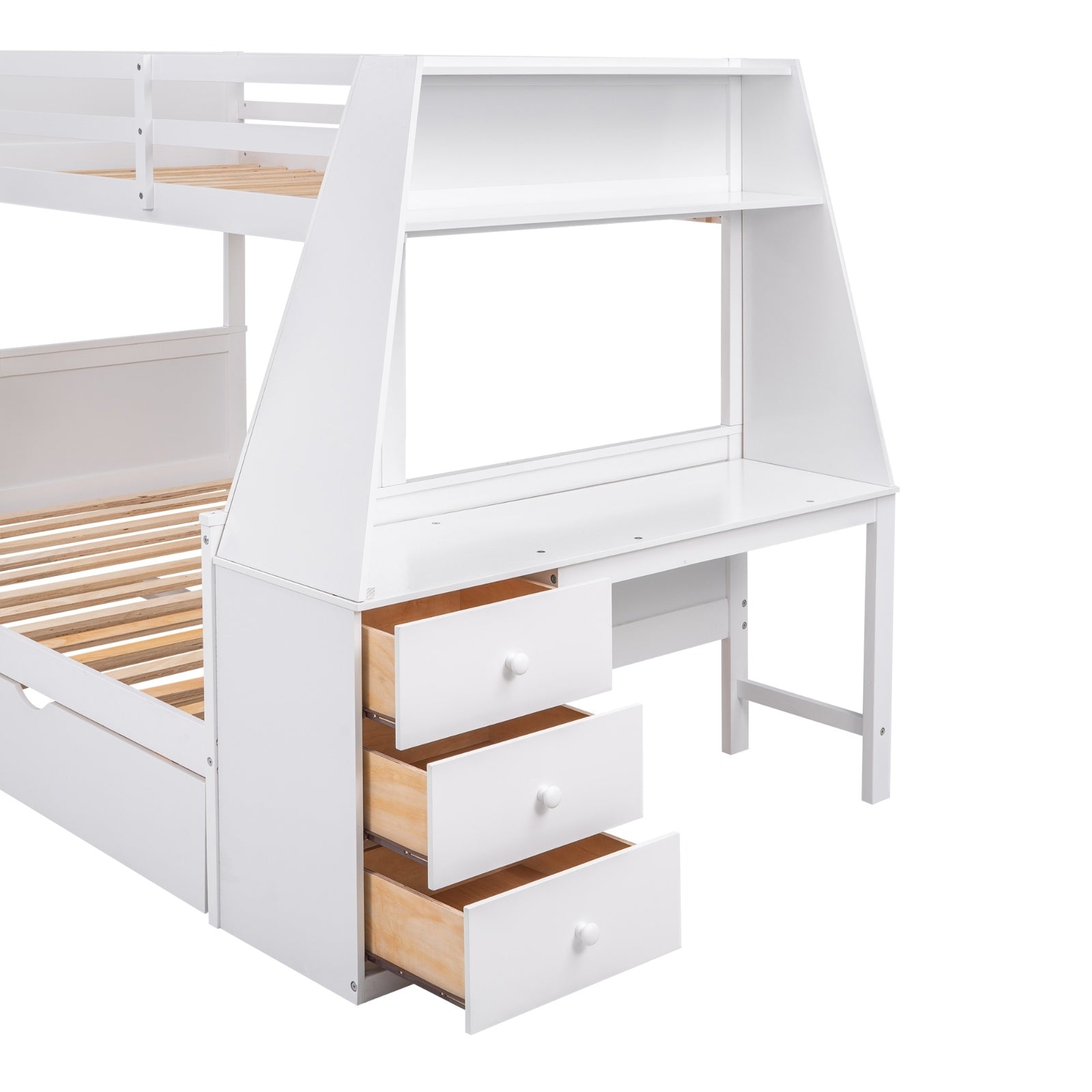 Twin Full Bunk Bed W  Trundle, Desk, 3 Drawers   Shelf - White