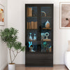 Display Cabinet With Glass Doors, Curio Storage Cabinet With 2-Drawer, Bookcase With LED Lights, Black