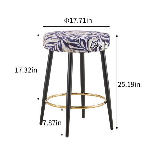 Counter Height Bar Stools Set Of 2, PU Kitchen Stools Upholstered Dining Chair Stools 24 Inches Height With Golden Footrest For Kitchen Island Coffee Shop Bar Home Balcony Silver Leaves Velvet