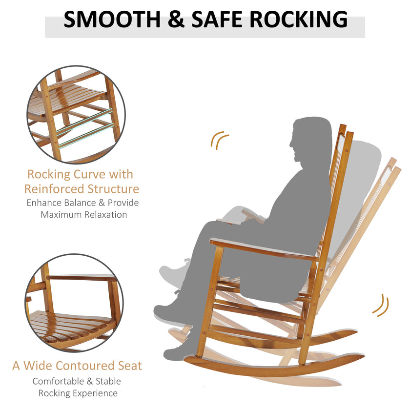 Wooden Outdoor Rocking Chair With Armrests, High Back For Garden, Patio, Balcony, Porch, Natural