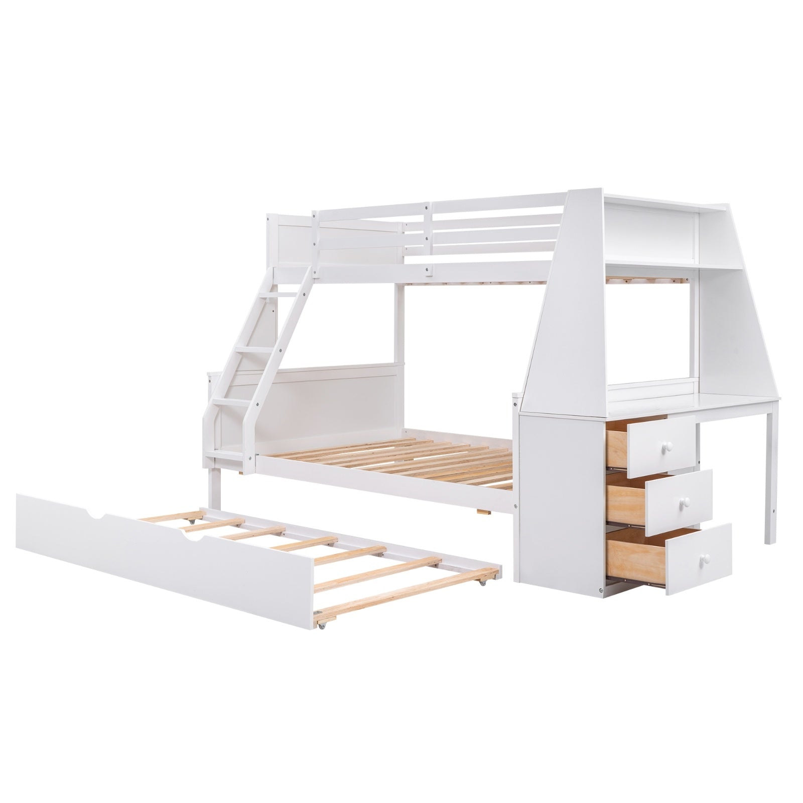 Twin Full Bunk Bed W  Trundle, Desk, 3 Drawers   Shelf - White