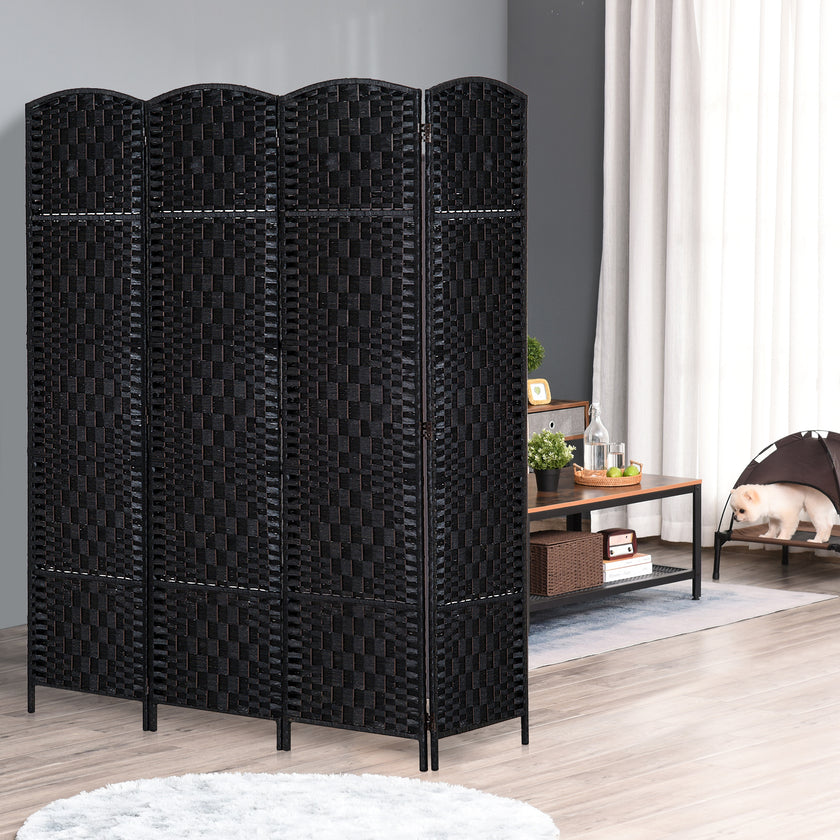 4 Panel Wicker Room Divider Folding Privacy Screen 6' Tall Black
