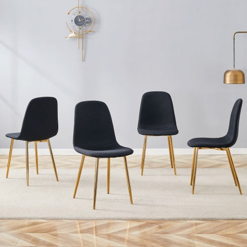 Luxury Simple Chair - Set Of 4 BLACK Linen-Cotton Material High Resilience Dining Chair With Metal Golden Leg.Integral Metal Leg Architecture,Suitable For Various Interior Decoration Styles.