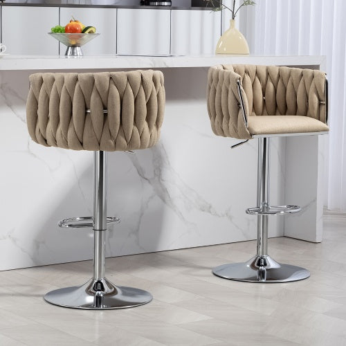 360 Fabric Cover Swivel Bar Stools Set Of 2, Adjustable Counter Height Bar Chairs With Woven Back & Footrest, Silver Chromed Bar Stools For Kitchen Island, Cafe, Pub