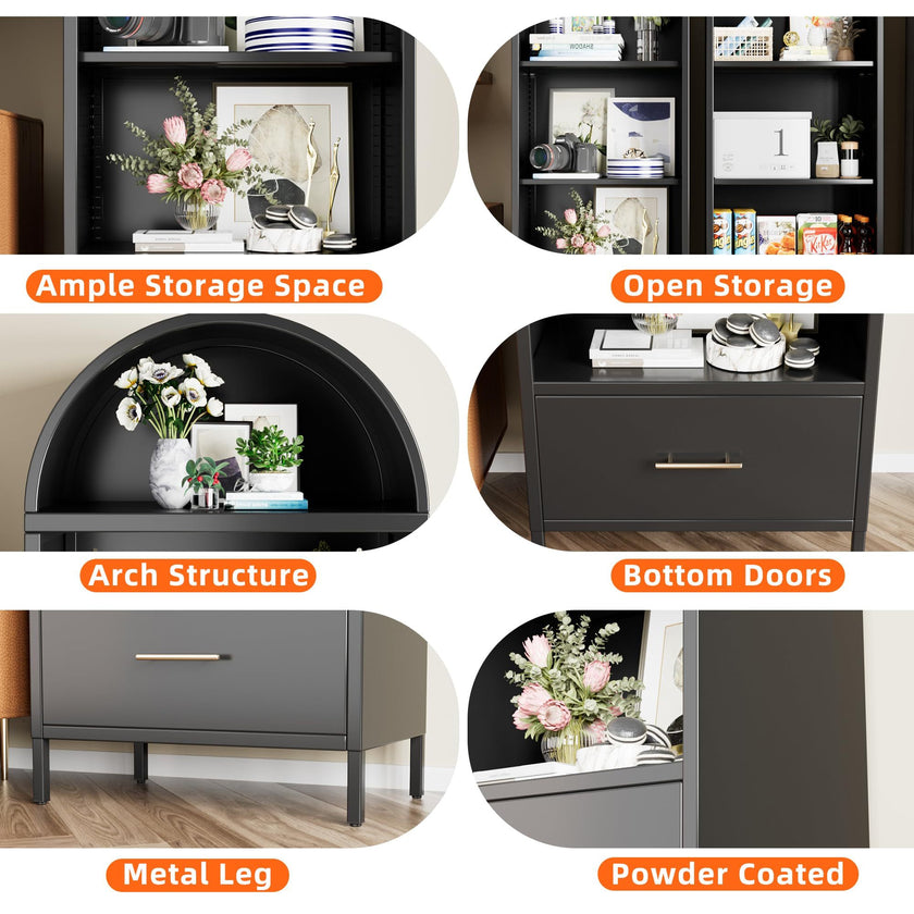 Metal Arched Bookshelf, Accent Arch Kitchen Pantry Cabinet With Drawer For Home Office Bar Living Room Farmhouse ,Black