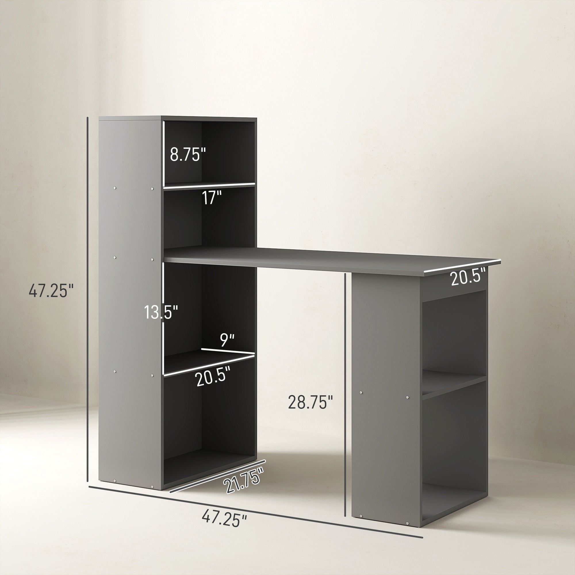 Compact Computer Desk With 6-Tier Storage Shelves, Writing Table Workstation With Bookshelf For Home Office, Gray